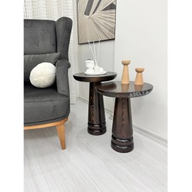 Resim Ahşap Tekli Mantar Yan Sehpa Modern Koyu Ceviz Renk Fiskos Çiçeklik 