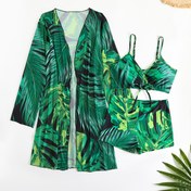 Resim Yetişkin Kadınlar için Tropikal Bitki Baskılı Bikini Külot ve Camisole Üç Parçalı Mayo Takımı 