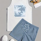 Resim Erkekler için Tropikal Baskılı Kolsuz Üst + İpli Spor Şort İki Parça Takım Açık Hava Sporları, Dinlenme ve Tatil Plajı Hawai Tarzı için Uygun 