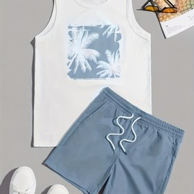 Resim Erkekler için Tropikal Baskılı Kolsuz Üst + İpli Spor Şort İki Parça Takım Açık Hava Sporları, Dinlenme ve Tatil Plajı Hawai Tarzı için Uygun 