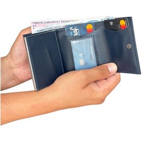 Resim Premium Serisi Özel Kutulu Lüks Deri Mekanizmalı Cüzdan Kemer Kartlık Ve Saat Erkek Seti Lacivert 