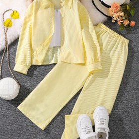 Resim Kız Çocukları İçin Çizgili Düğmeli Bluz & Elastik Bel Pantolon 2'li Set Sonbahar İlkbahar Kıyafeti Günlük Tarz Günlük Kıyafetler 8-12 Yaş Çocuk Okul Tatili Setleri 