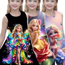 Resim 3 Parça Kız Çocuk Moda Günlük Elbise Sevimli Çizgi Film Elf 3D Baskı Kolsuz Yazlık Elbise 