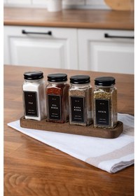 Resim Mienda Home 4'lü Ahşap Standlı Cam Baharatlık Seti Siyah Kapaklı Ve Etiketli Baharatlık Mh01syh04 Siyah - Şeffaf 