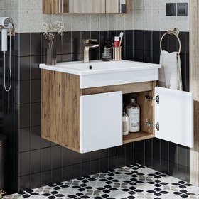 Resim Lavabolu Banyo Dolabı - Atria - 85 CM / Atlas Çam-Antrasit 