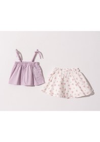 Resim Kız Bebek Çocuk Askılı Lila Tişört Çiçekli Etekli Takım-1153 Lila 
