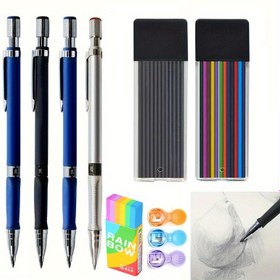 Resim 2.0 Mekanik Kalem Seti ile Kalemtıraş 2.0mm 2B Kurşun Dolum Yazı Sanat Eskiz Boyama ve Otomatik Kalemler Ofis Kırtasiye Malzemeleri (3 Kalem+2 Kutu Kurşun+1 Silgi+1 Kalemtıraş) 