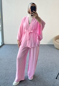 Resim Kimono Kesim Kuşaklı ve Taş Detaylı Takım 5212 - Pembe - Pembe / S-M 