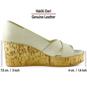 Resim Erkan Saçmacı Astrid Bej Hakiki Deri Çapraz Bantlı Mantar Taban Görünümlü Dolgu Topuklu Sandalet Bej 