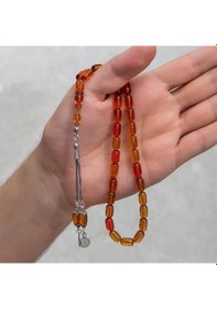 Resim 925 Ayar Gümüş Püsküllü Kapsül Kesim Sarı Kehribar Tesbih 