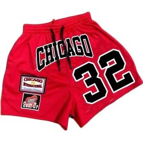 Resim Snapbuy Erkek Yazlık Şort - Chicago Baskılı, 32 Numara, Rahat Ve Canlı Tasarım Kırmızı 