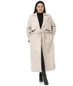 Resim Büyük Beden Büzgülü Kemerli Rüzgarlıklı Uzun Deri Astarlı Taş Rengi Kaban-taş Taş 