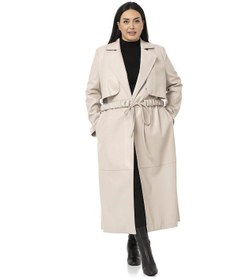 Resim Büyük Beden Büzgülü Kemerli Rüzgarlıklı Uzun Deri Astarlı Taş Rengi Kaban-taş Taş 