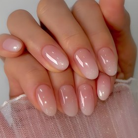 Resim 24 Parça Oval Pembe Kısa Yapıştırma Tırnak Seti Saf Renk Tasarımı, Parlak Kaplama - Jöle Yapıştırıcı ve Tırnak törpüsü Dahil 