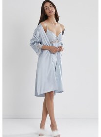 Resim Pierre Cardin Saten Dantelli Gecelik Ve Sabahlık Takımı - 4075 Mist 