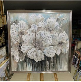 Resim Parlak Gümüş Çerçeveli Simli Çiçek Kanvas Tablo 