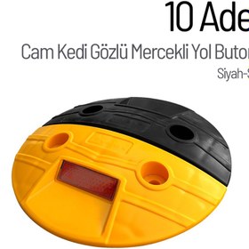 Resim İleri Trafik 10'lu Cam Kedi Gözlü Mercekli Yol Butonu Seti Siyah-Sarı 