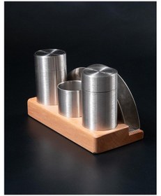 Resim Reyo Home 3'lü Paslanmaz Çelik Tuzluk Takımı - Ahşap Standlı Gri 