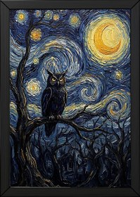 Resim Wise Owl Starry Night Print - Van Gogh-Style Mystical Forest Wall Art - Wooden Frame - White / 24 x 36" (60x90 cm) 