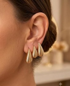 Resim Gold Renk Taşlı İncili Renkli Zarif Minimalist 3'lü Kadın Metal Küpe (2 Adet) 