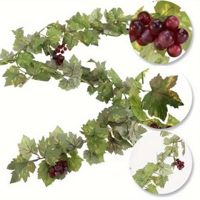 Resim 2m Gerçekçi Mor Üzümlü ve Yeşil Yapraklı Yapay Asma - Dayanıklı Plastik İç/Dış Mekan Dekoru, Düğünler, Ev, Bahçe, Ofis, Fotoğraf Çekimi için Elektriksiz Yapay Sarmalardan Oluşan Dekoratif Süsleme 