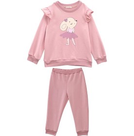 Resim Kız Bebek Baskılı Kolları Fırfır Detaylı Eşofman Takımı - Pembe Pembe 