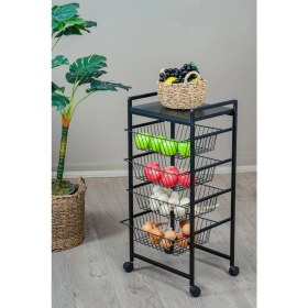 Resim Metal 4 Çekmeceli Sebzelik Tekerlekli Siyah Çok Amaçlı Sebze ve Meyve Düzenleyici 