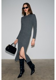 Resim Grimelange Soreya Kadın Yuvarlak Yaka Çizgi Desenli Yırtmaçlı Slim Fit Triko Antrasit Elbise Antrasit 