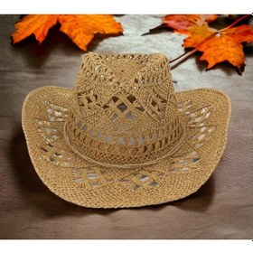 Resim Shopiolog Geniş Kenarlı Etnik Dokulu Uv Korumalı Hasır Kovboy Şapka Camel 