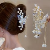 Resim Rhinestones ve Taklit İnciler ile Şık Alaşım Kelebek Saç Tüller, Kadınlar İçin Büyük Metal Tassel Saç Aksesuarları, Mükemmel Hediye Fikri 