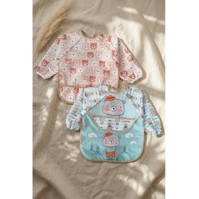 Resim Babydonat Teddy Guard Sıvı Geçirmez Uzun Kollu Bebek Mama Önlüğü 2'li Set - 6-24 Ay Leke Tutmaz Blw Uyumlu Ayıcık Desenli Mama Önlüğü 