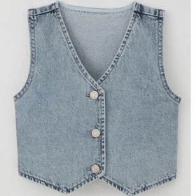 Resim Breeze Kız Çocuk Yelek Kot Düğme Kapamalı V Yaka 4-14 Yaş, Açık Mavi Açık Mavi 