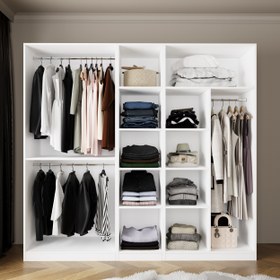 Resim Bimossa KD70 Goss 225 cm Üçlü Dar, 3 Bölmeli Açık Gardırop, 3 Askı Alanlı, 9 Raflı ve 1 Büyük Raflı Beyaz Giyinme Dolabı 