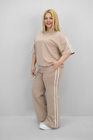 Resim Kadın Büyük Beden Şerit ve Bel Büzgü Detaylı Kısa Kollu Eşofman Takımı 8197-25 - XL / Bej 