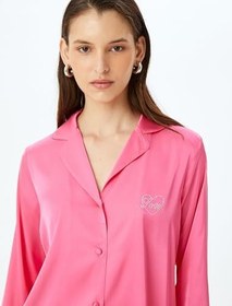Resim Gömlek Yaka Uzun Kollu Düğmeli Saten Pijama Üstü 