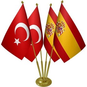 Resim Masa Üstü İspanya Bayrağı Türk Bayrağı Dörtlü Pirinç Direk Masa B 