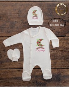Resim yzc home size dair... K47 T Ekru Renk Isme Özel Isimli Baskılı Bebek Tulum Şapka Eldiven Set Hastane Çıkışı 