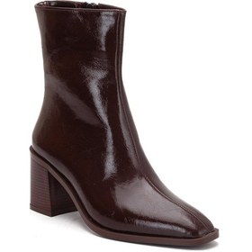 Resim Kahverengi Kadın Kalın Topuklu Bot Rugan Küt Burun Yüzüdüz-4256 Kahve 