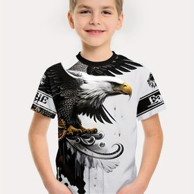Resim 1 adet Erkek Çocuklar için 3D Kartal Baskılı Rahat Yaka T-Shirt - Polyester Örgü Kumaş, Kısa Kollu, Hafif Esnek, Düzenli Uzunluk, Gece ve Spor için Bol Kesim - Bahar/Sonbahar Koleksiyonu 