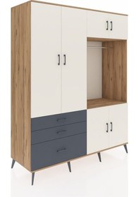 Resim Kronos Gardrop 7 Raflı 3 Çekmeceli Tek Askılı 176x59x221 Çam-aytaşı/antrasit Aytaşı/antrasit 