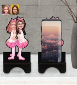 Resim Bk Gift Kişiye Özel Kız Kardeşler Karikatürlü Ahşap Biblo Telefon Standı-3 