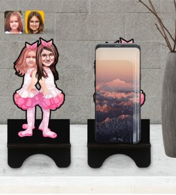 Resim Bk Gift Kişiye Özel Kız Kardeşler Karikatürlü Ahşap Biblo Telefon Standı-3 