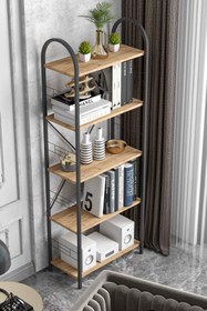 Resim Reyo Falez 5 Geniş Raflı Kitaplık Metal Çerçeveli Modern Raf Çalışma Odası Ofis Salon Kitaplığı Evrak Rafı 180 cm Atlantik Çam 