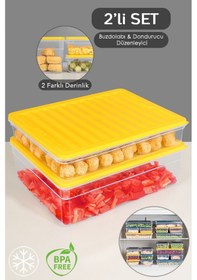Resim 2'li Buzdolabı Organizer Set Düzenleyici Saklama Kabı Derin Ve Sığ Mikrodalga Difriz Kabı XL Sarı 