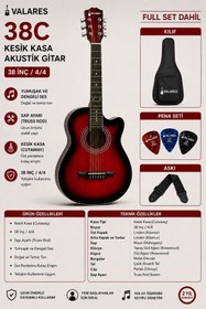 Resim valares 38C Kesik Kasa Kırmızı Akustik Gitar 38 İnç Sap Ayarlı Cutaway + Çanta Askı Pena Hediyeli Üst Segment 