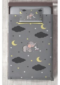 Resim Mekta Home Bebek Ve Çocuk Odası Fil Ve Tavşan Desenli Gri Yatak Örtüsü Renkli 