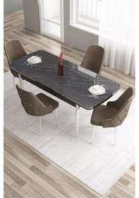 Resim Canisa Tia Serisi 80x132 Açılabilir Mdf Siyah Mermer Desen Krom Detay Masa Takımı Ve 4 Kahverengi Sandalye Masa Siyah Mermer Desen Sandalye Kahve 