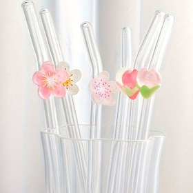 Resim 1 adet/6 adet Çiçek Süslemeli Isıya Dayanıklı Cam Pipetler, Meyve Dekorlu Tasarımlı Kavisli Samanlar - Meyve Suyu, Süt Çayı, Kahve, Soğuk İçecekler için Mükemmel, Okul Malzemeleri, Okula Dönüş Hediyesi, Kız Arkadaşa Hediye, Erkek Arkadaşa Hediye, Ebeveynlere Hediye, Arkadaşlara Hediye 