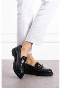 Resim Shoetek Rauga Kadın Makosen Ayakkabı Tokalı Babet Siyah Kroko Deri Siyah 