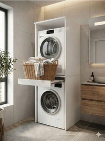 Resim Çamaşır Makinesi Dolabı Kurutma Makinesi Dolabı Sepetlikli Banyo Dolabı Beyaz Beyaz 